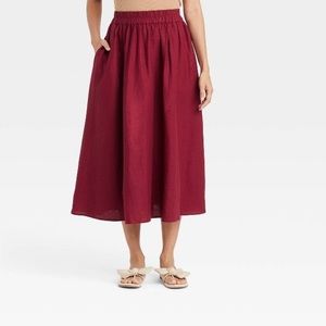 Women's Burgundy Midi Skirt with Elastic Waist